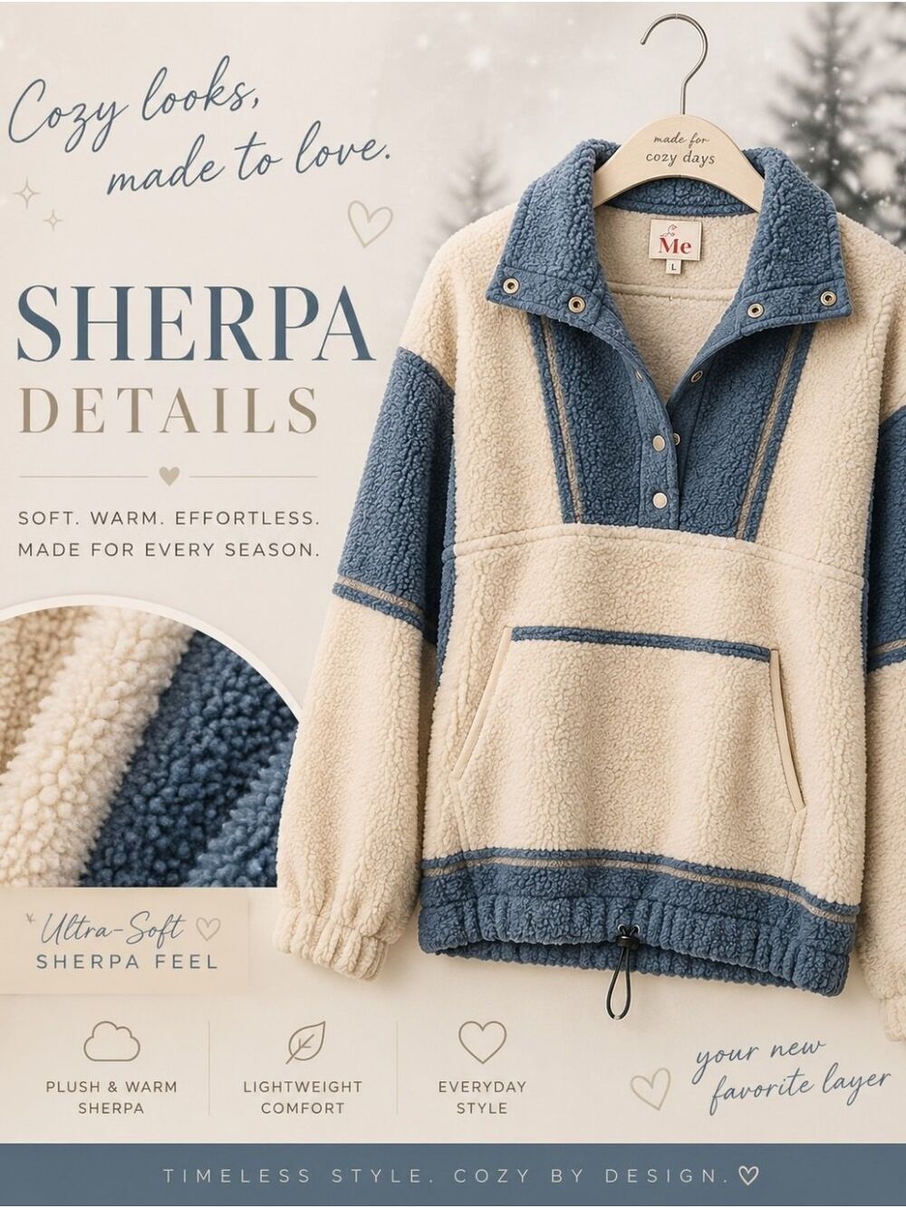 So Me Cream Blue Sherpa Pullover Hoodie Size Small - Picture 1 of 9